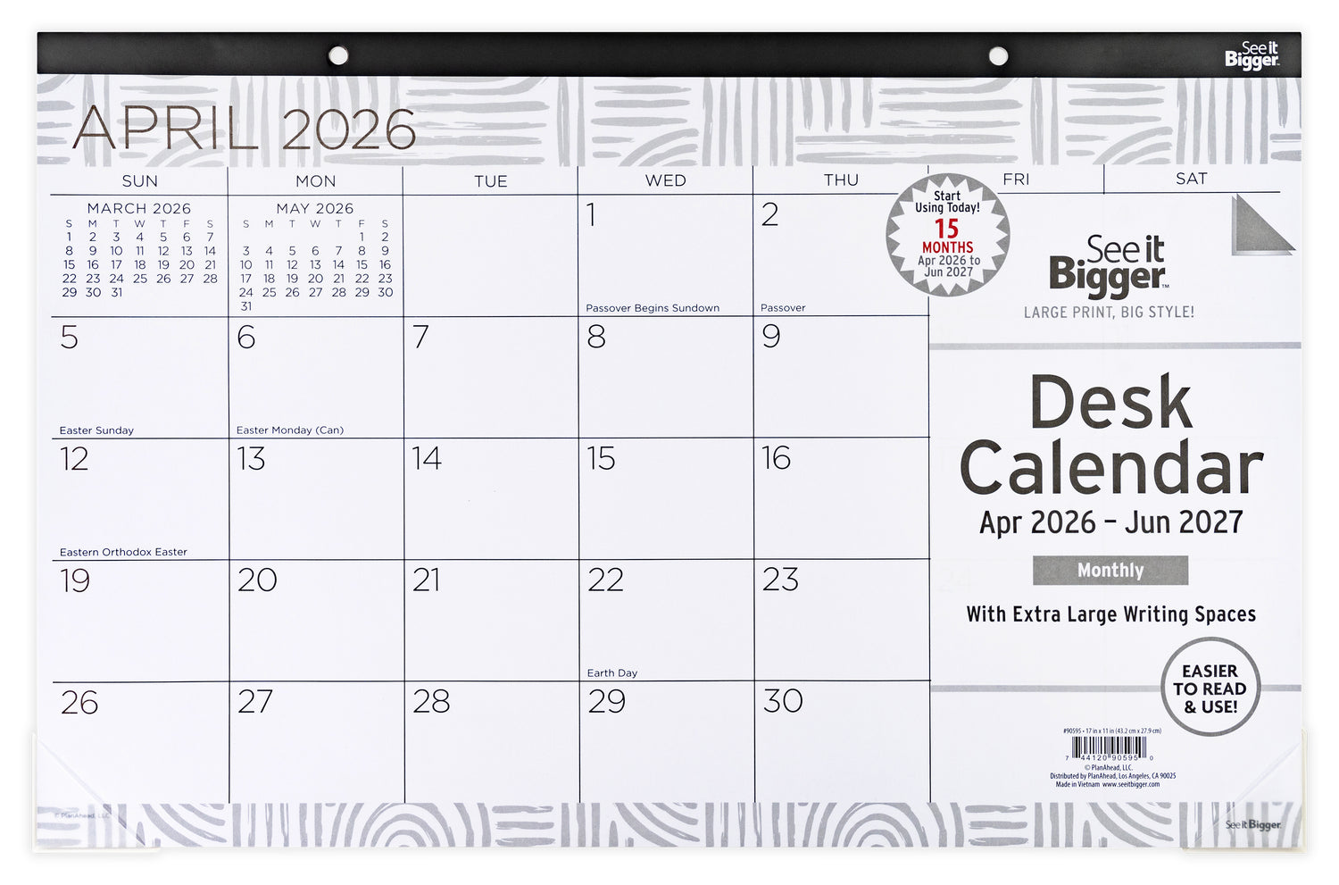 Medium desk calendar for April 2026 with large print and extra writing spaces, featuring the brand &