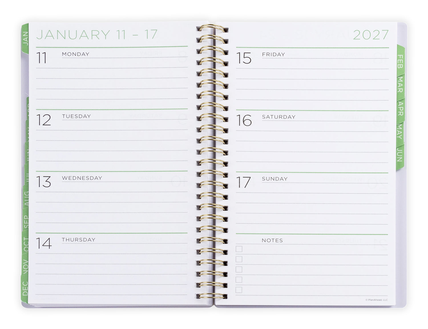 Opened 2026-2027 planner with floral cover displaying monthly/weekly layout. Medium 2026 planner.