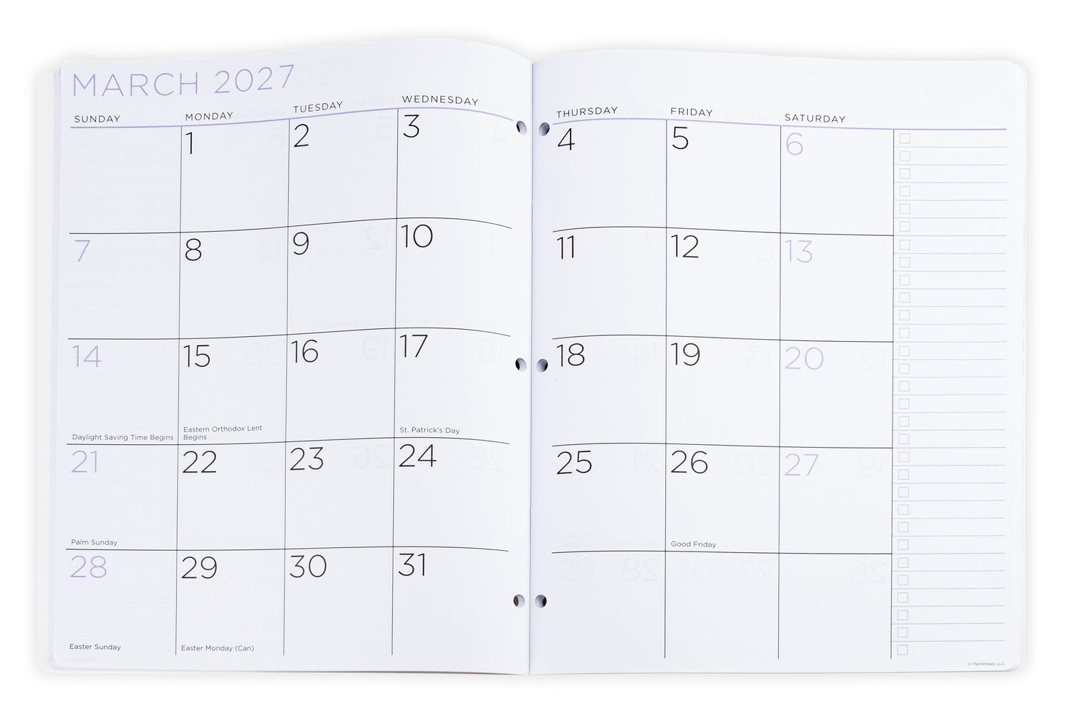 Floral 2 year monthly planner with 2026-2028 dates on a white background. Large 2 year monthly planner opened.