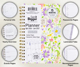 2026-2027 small planner with floral cover displaying monthly/weekly layout. Small 2026 planner. Showing infographics.