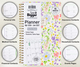 2026-2027 planner with floral cover displaying monthly/weekly layout. Medium 2026 planner. Showing infographics.