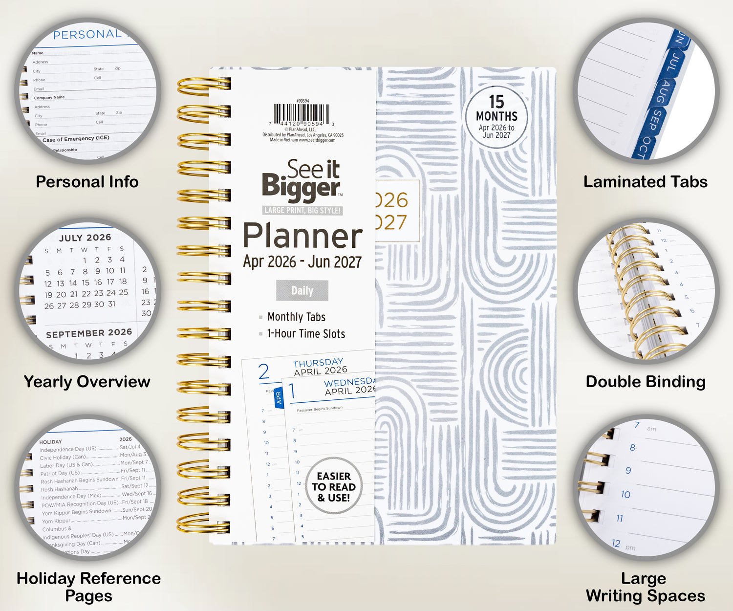 Daily planner with features highlighted on a light background