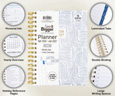 Daily planner with features highlighted on a light background
