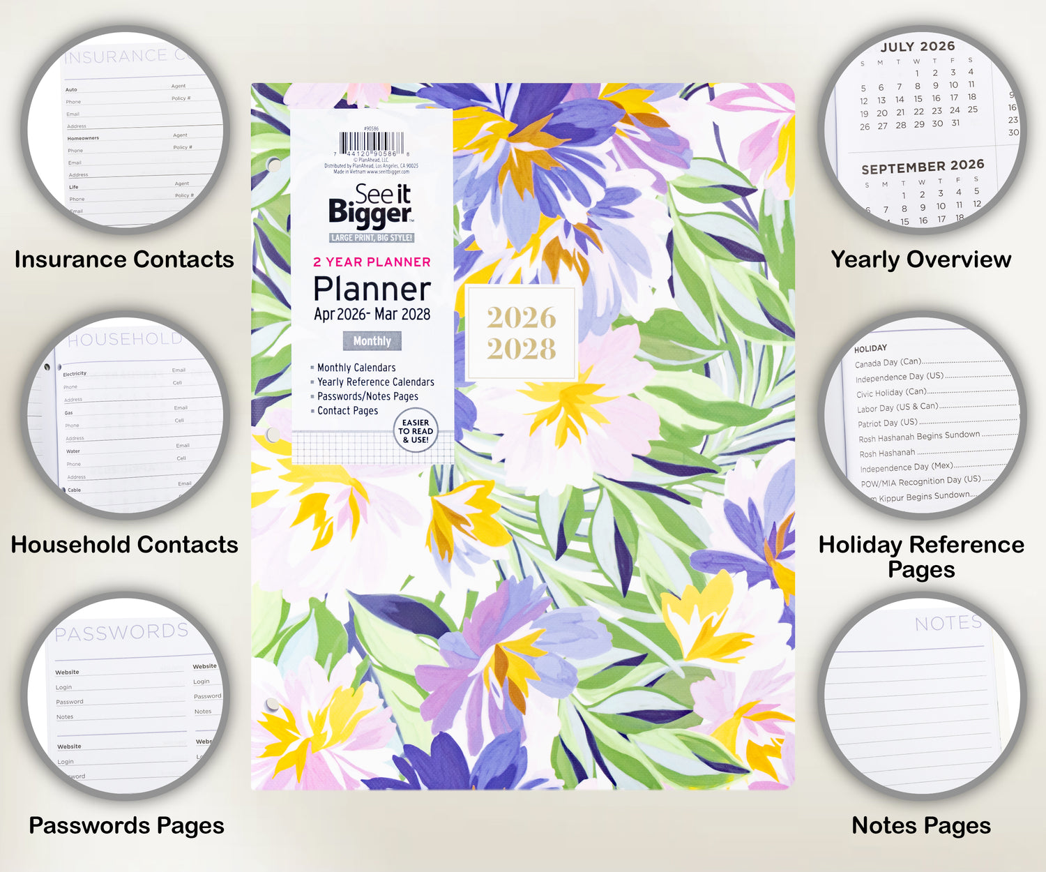 Floral 2 year monthly planner with 2026-2028 dates on a white background. Large 2 year monthly planner showing infographics.