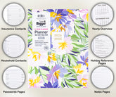 Floral 2 year monthly planner with 2026-2028 dates on a white background. Large 2 year monthly planner showing infographics.