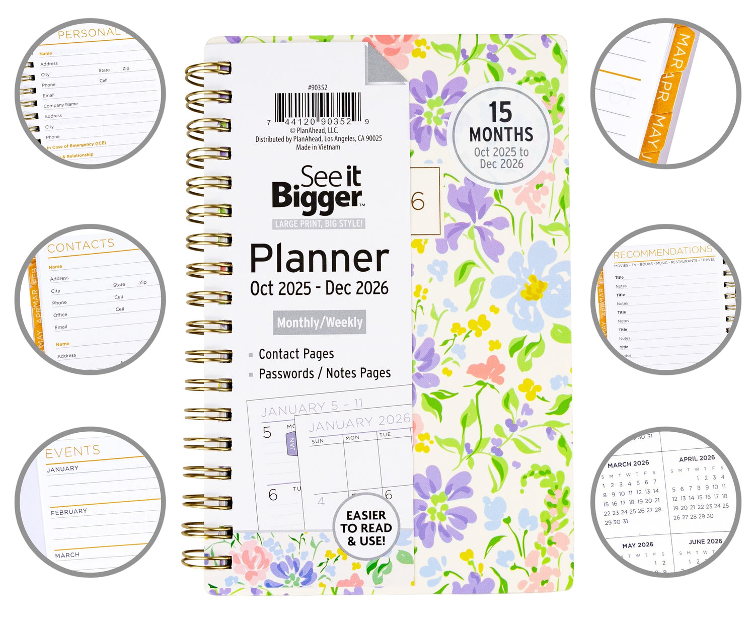 Planner with floral design and various pages displayed on a white background