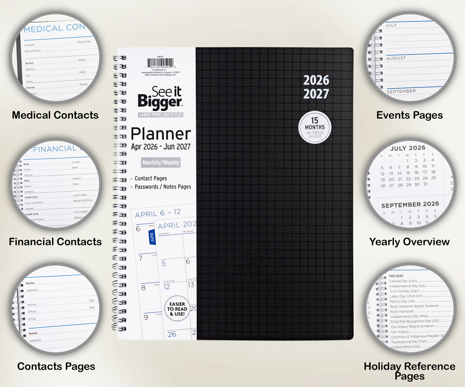 Large Monthly/Weekly Black Planner