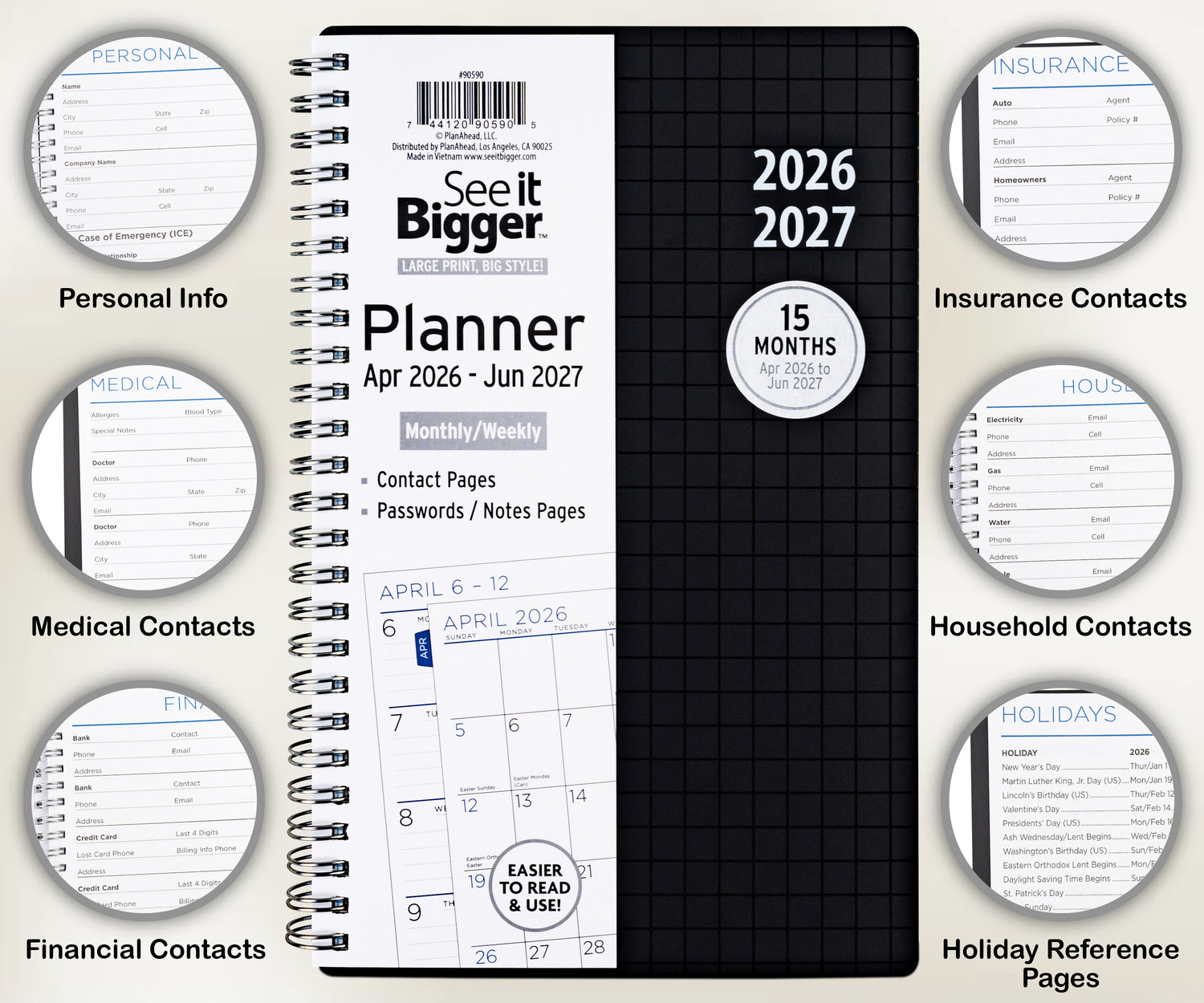 2026-2027 planner with black cover and white front cover displaying monthly/weekly layout. Medium 2026 planner. Infographics shown.