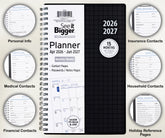 2026-2027 planner with black cover and white front cover displaying monthly/weekly layout. Medium 2026 planner. Infographics shown.