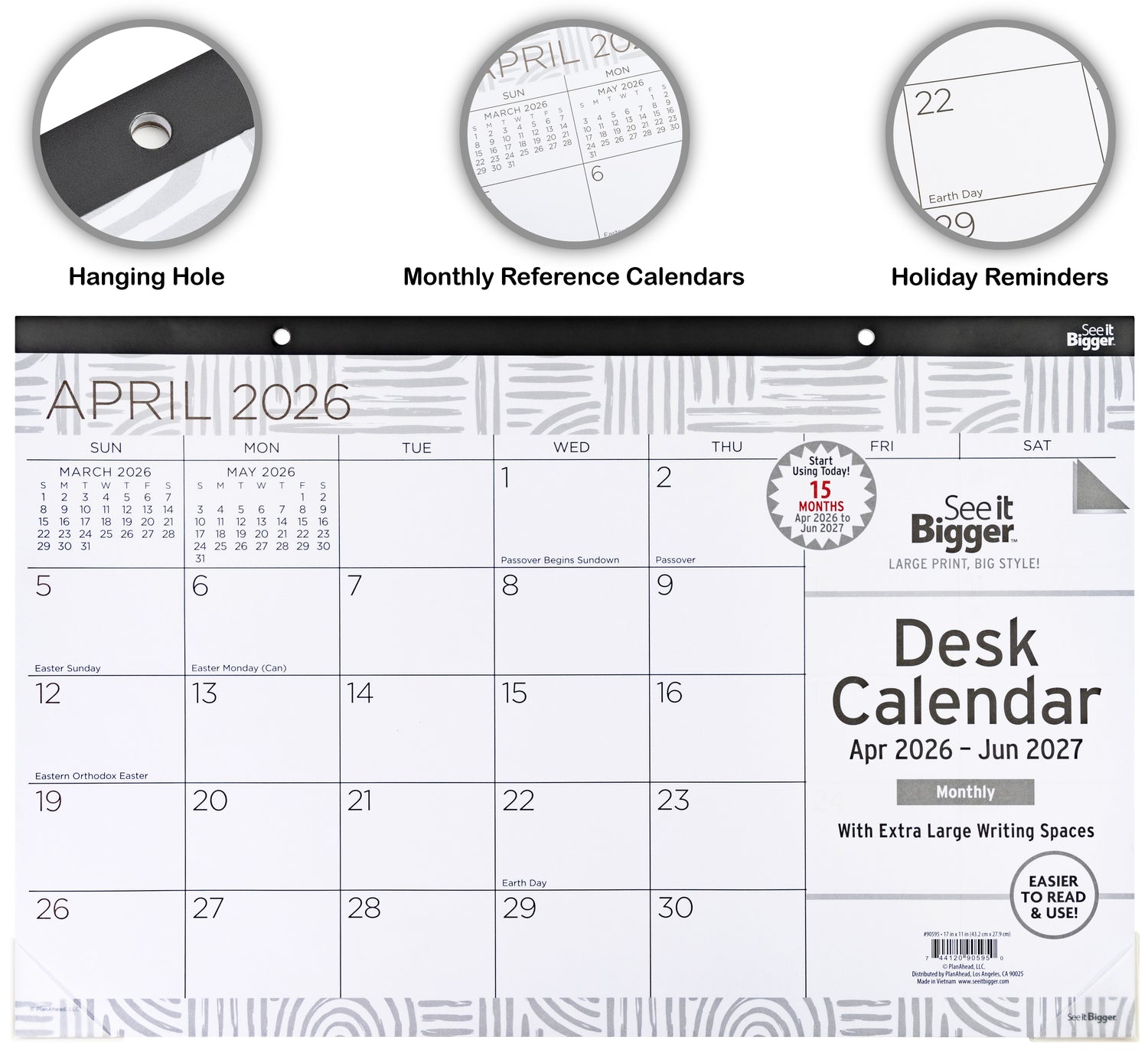 Desk calendar with April 2026 shown, featuring a hanging hole, monthly reference calendars, and holiday reminders.