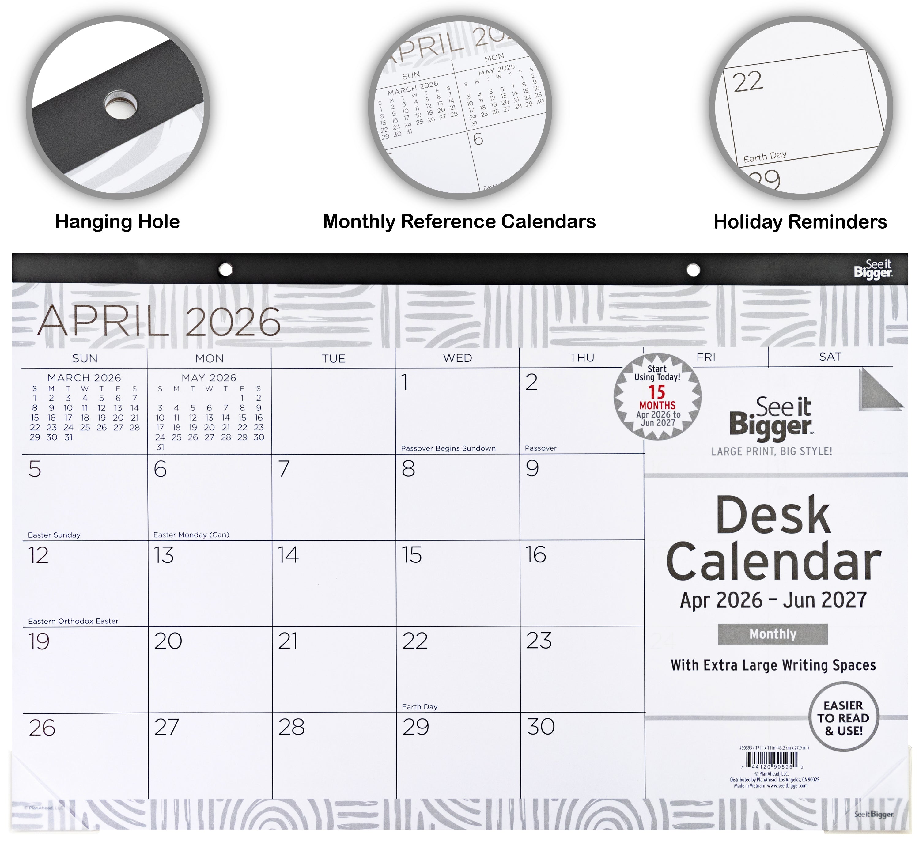 Desk calendar with April 2026 shown, featuring a hanging hole, monthly reference calendars, and holiday reminders.