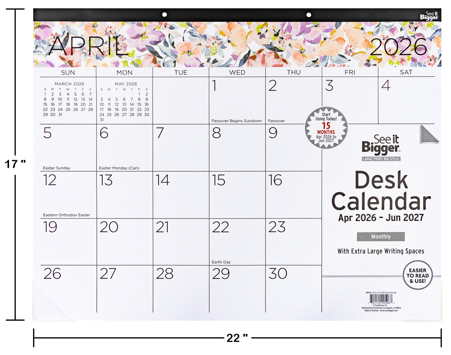 2026 desk calendar with floral design and dimensions displayed. 17x22 calendar