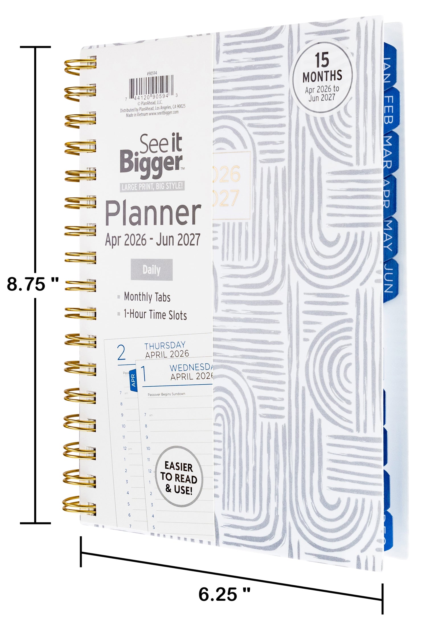 Daily planner with geometric design and dimensions labeled for size dimensions.