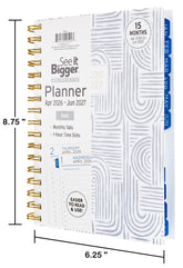 Daily planner with geometric design and dimensions labeled for size dimensions.