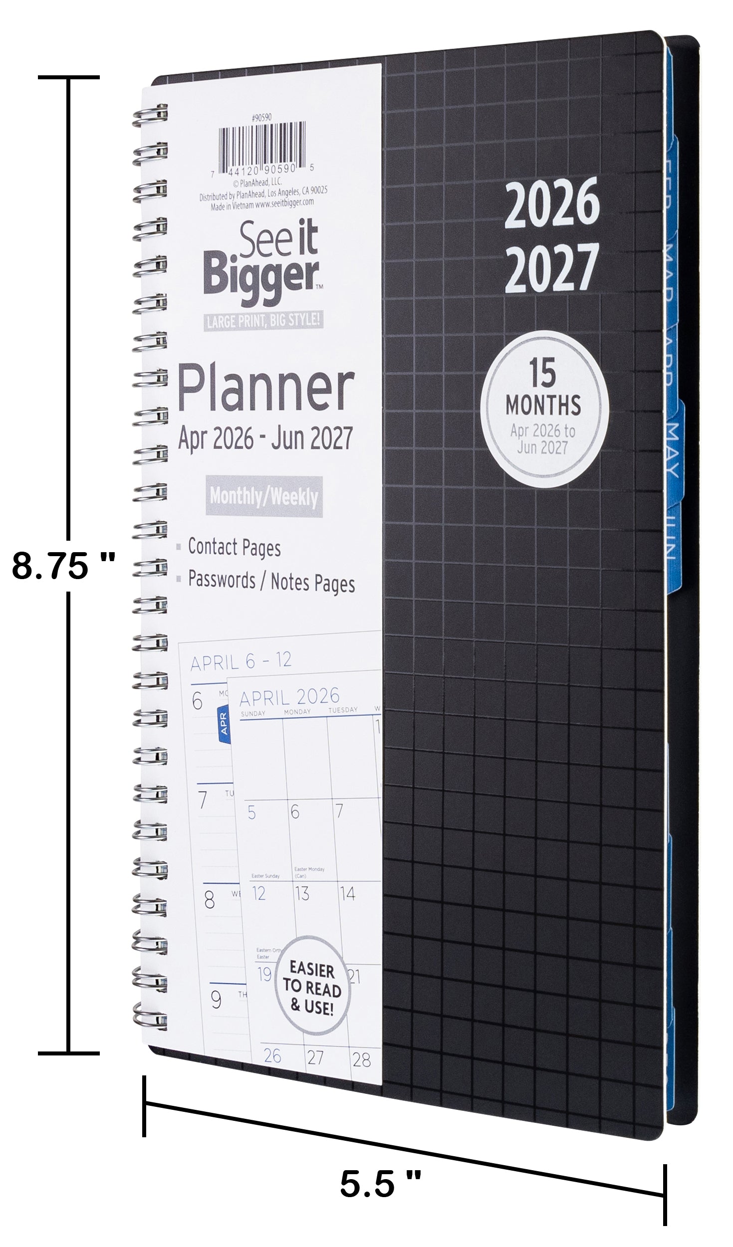 2026-2027 planner with black cover and white front cover displaying monthly/weekly layout. Medium 2026 planner. Size dimensions for large planner.
