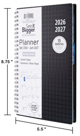2026-2027 planner with black cover and white front cover displaying monthly/weekly layout. Medium 2026 planner. Size dimensions for large planner.