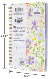 2026-2027 small planner with floral cover displaying monthly/weekly layout. Small 2026 planner. Showing size dimensions.