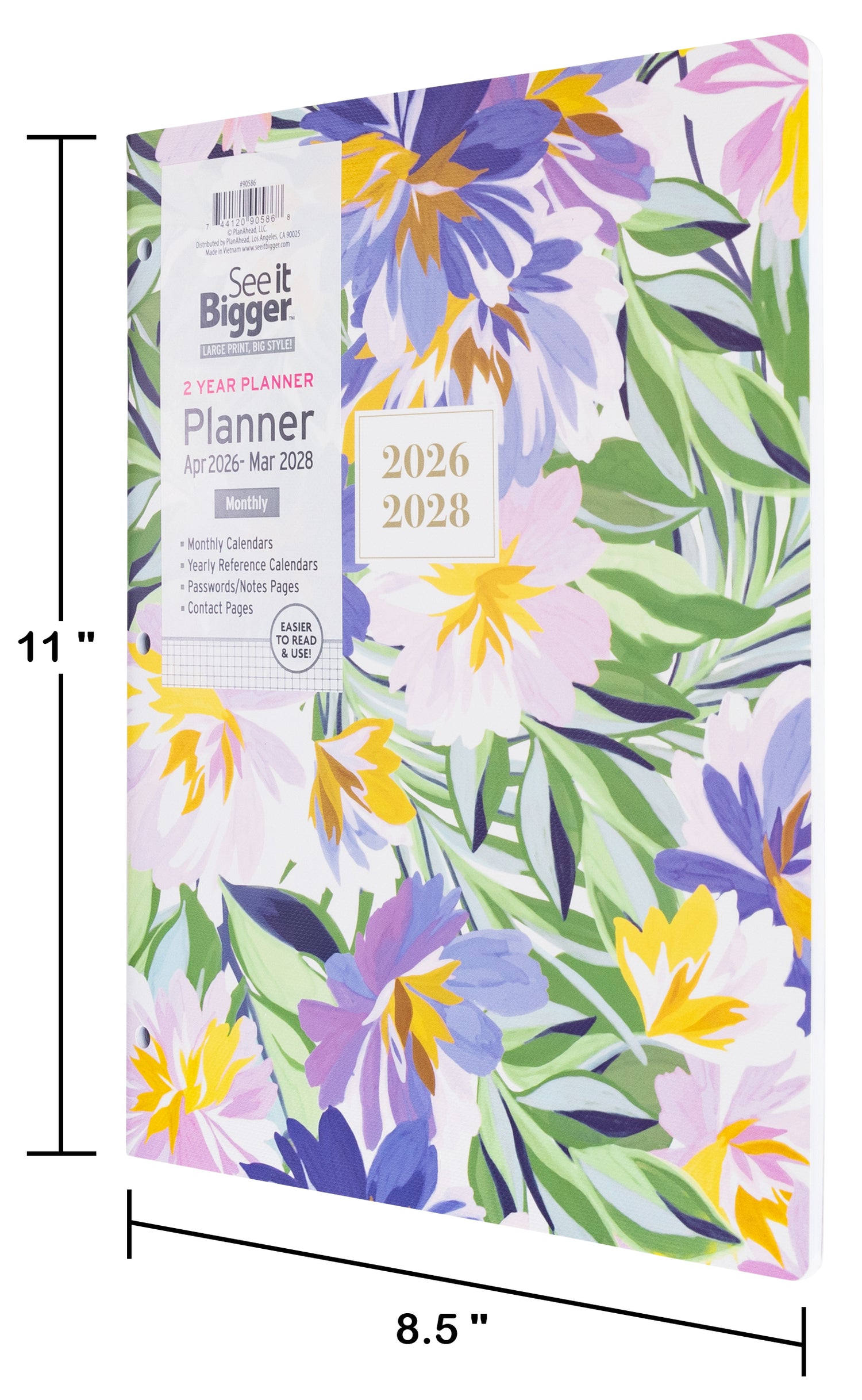 Floral 2 year monthly planner with 2026-2028 dates on a white background. Large 2 year monthly planner showing size dimensions.