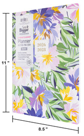 Floral 2 year monthly planner with 2026-2028 dates on a white background. Large 2 year monthly planner showing size dimensions.