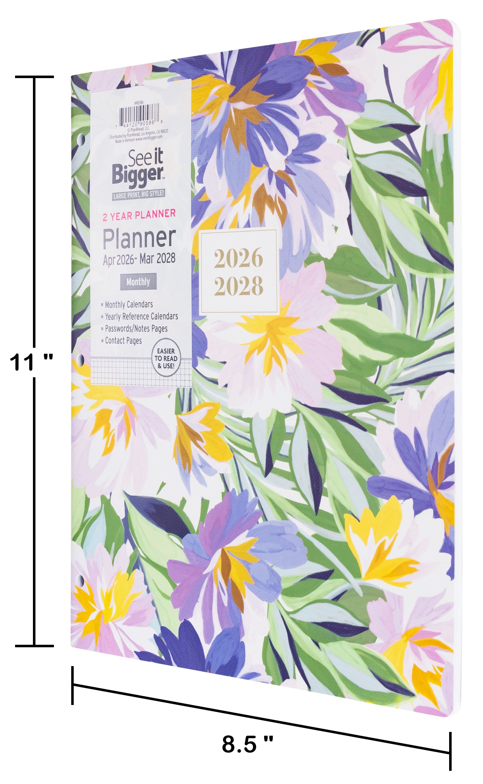 Floral 2 year monthly planner with 2026-2028 dates on a white background. Large 2 year monthly planner showing size dimensions.