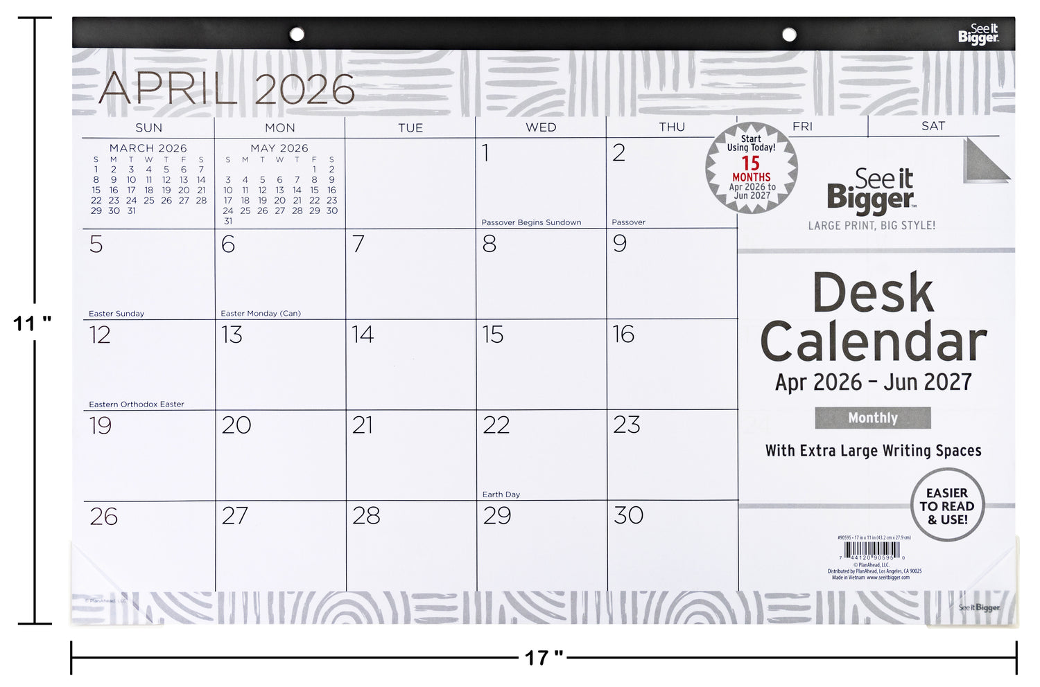Desk calendar for April 2026 with dimensions and branding details.