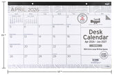 Desk calendar for April 2026 with dimensions and branding details.