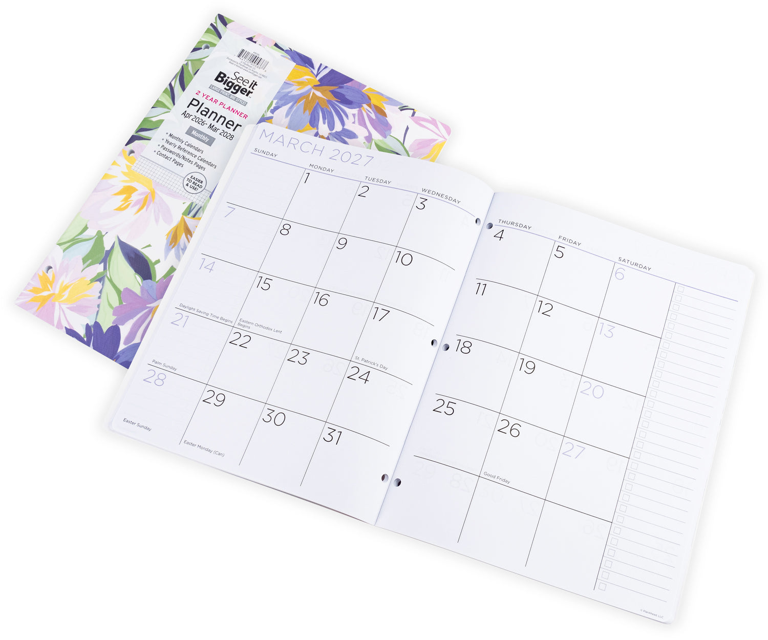 Floral 2 year monthly planner with 2026-2028 dates on a white background. Large 2 year monthly planner showing open and cover.