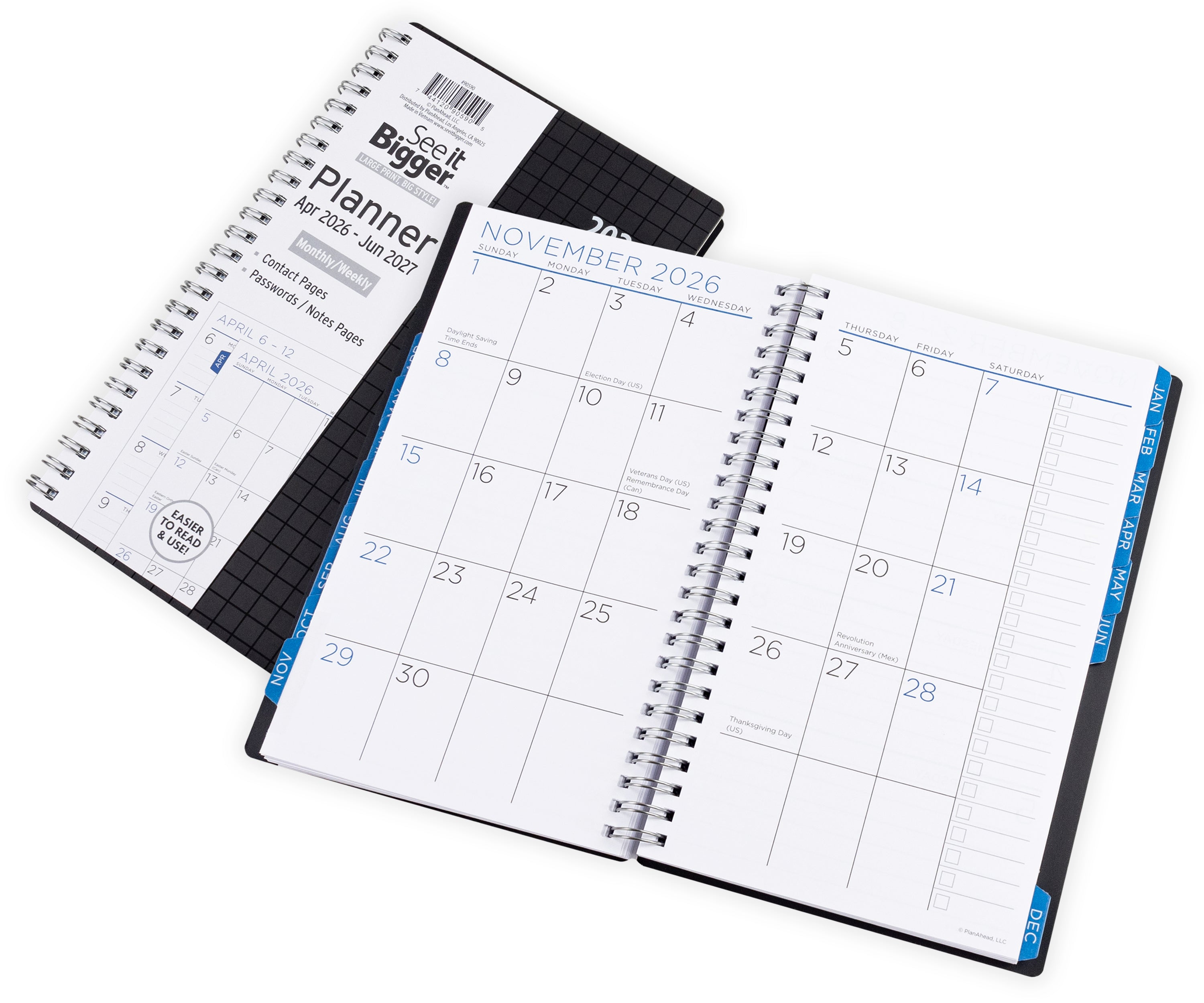 Spiral-bound planner with a monthly calendar layout on a white background