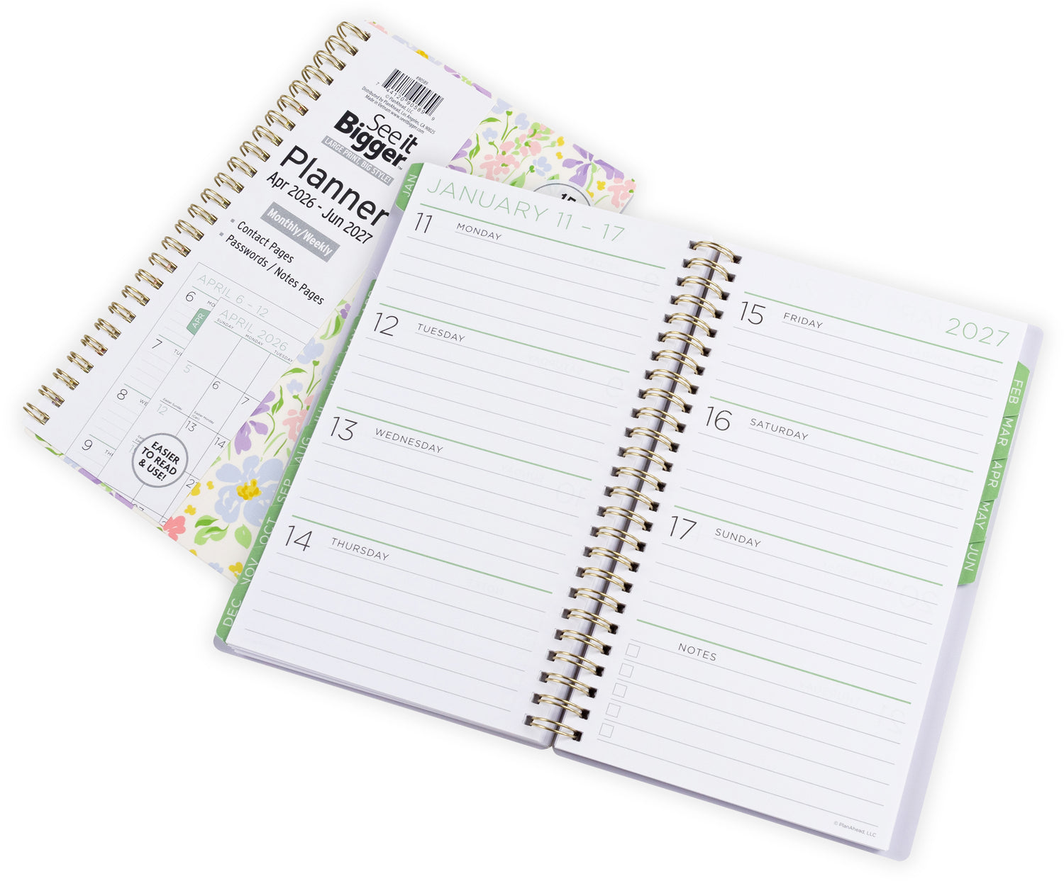 2026-2027 planner with floral cover displaying monthly/weekly layout. Medium 2026 planner. Opened planner also showing cover.